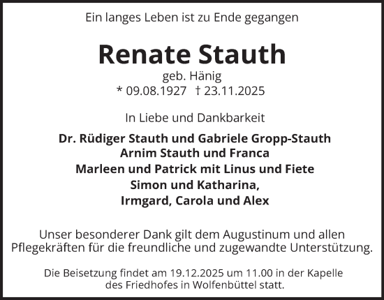 Traueranzeige von Renate Stauth von Braunschweiger Zeitung
