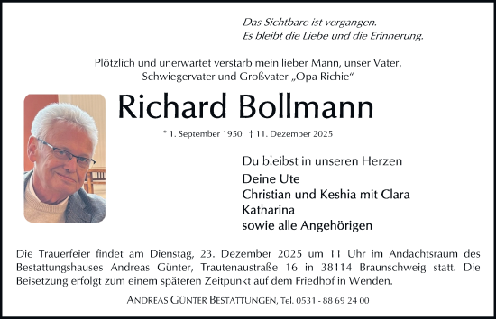 Traueranzeige von Richard Bollmann von Braunschweiger Zeitung