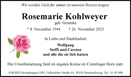 Traueranzeige von Rosemarie Kohlweyer von Braunschweiger Zeitung