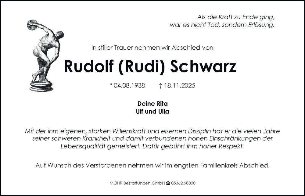  Traueranzeige für Rudolf Schwarz vom 13.12.2025 aus Braunschweiger Zeitung, Wolfsburger Nachrichten