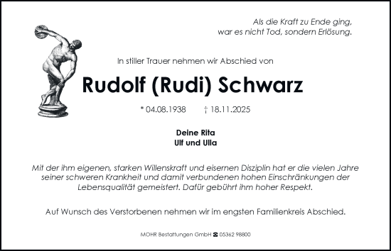 Traueranzeige von Rudolf Schwarz von Braunschweiger Zeitung, Wolfsburger Nachrichten