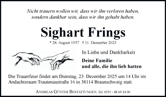 Traueranzeige von Sighart Frings von Braunschweiger Zeitung