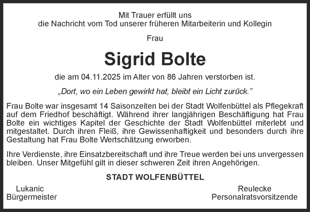  Traueranzeige für Sigrid Bolte vom 03.12.2025 aus Wolfenbütteler Zeitung