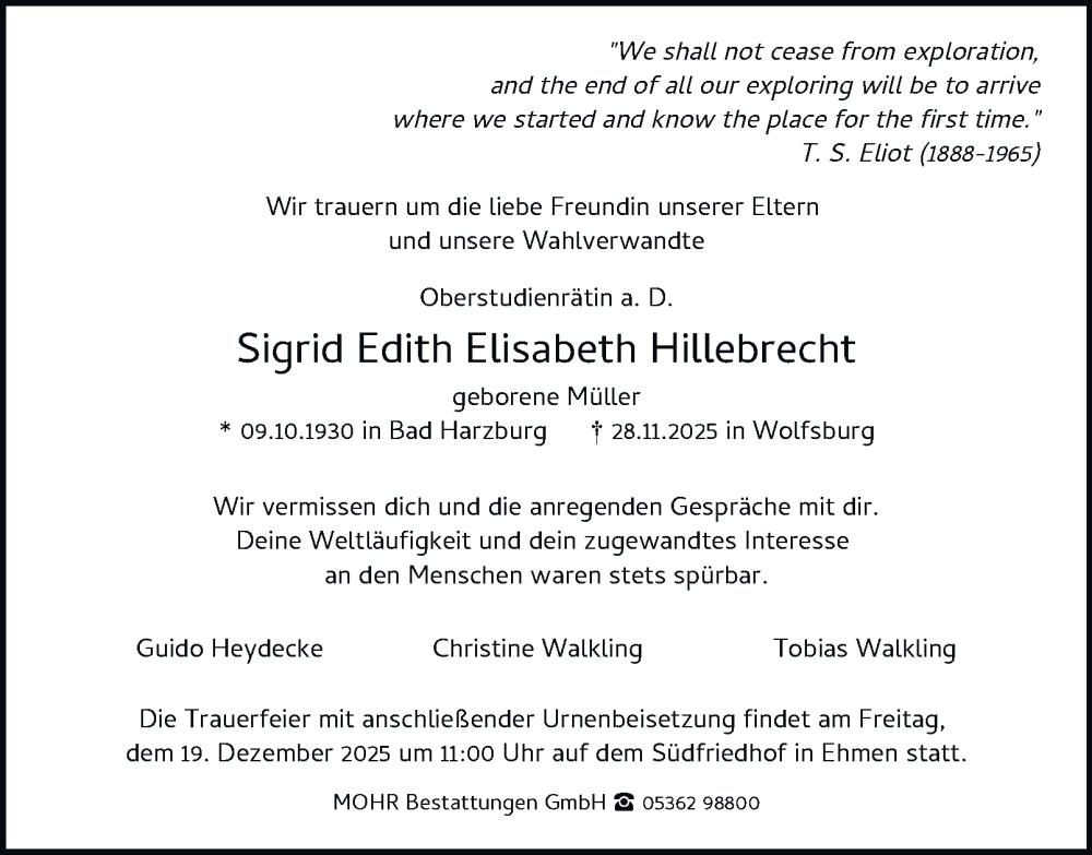  Traueranzeige für Sigrid Edith Elisabeth Hillebrecht vom 13.12.2025 aus Braunschweiger Zeitung, Wolfsburger Nachrichten
