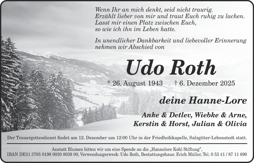  Traueranzeige für Udo Roth vom 10.12.2025 aus Salzgitter-Zeitung