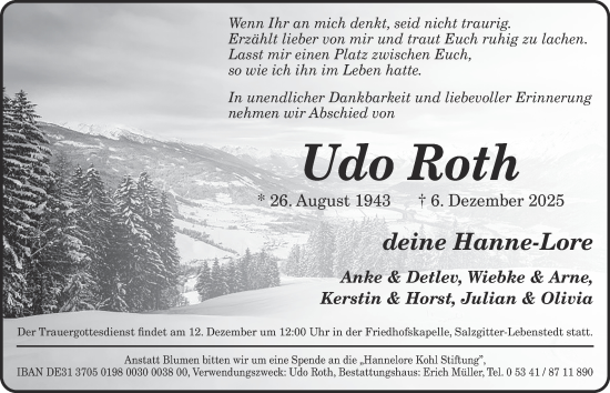 Traueranzeige von Udo Roth von Salzgitter-Zeitung