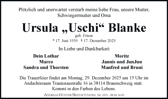 Traueranzeige von Ursula Blanke von Braunschweiger Zeitung