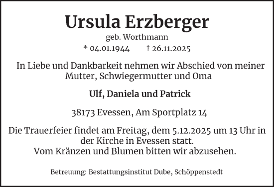 Traueranzeige von Ursula Erzberger von Braunschweiger Zeitung