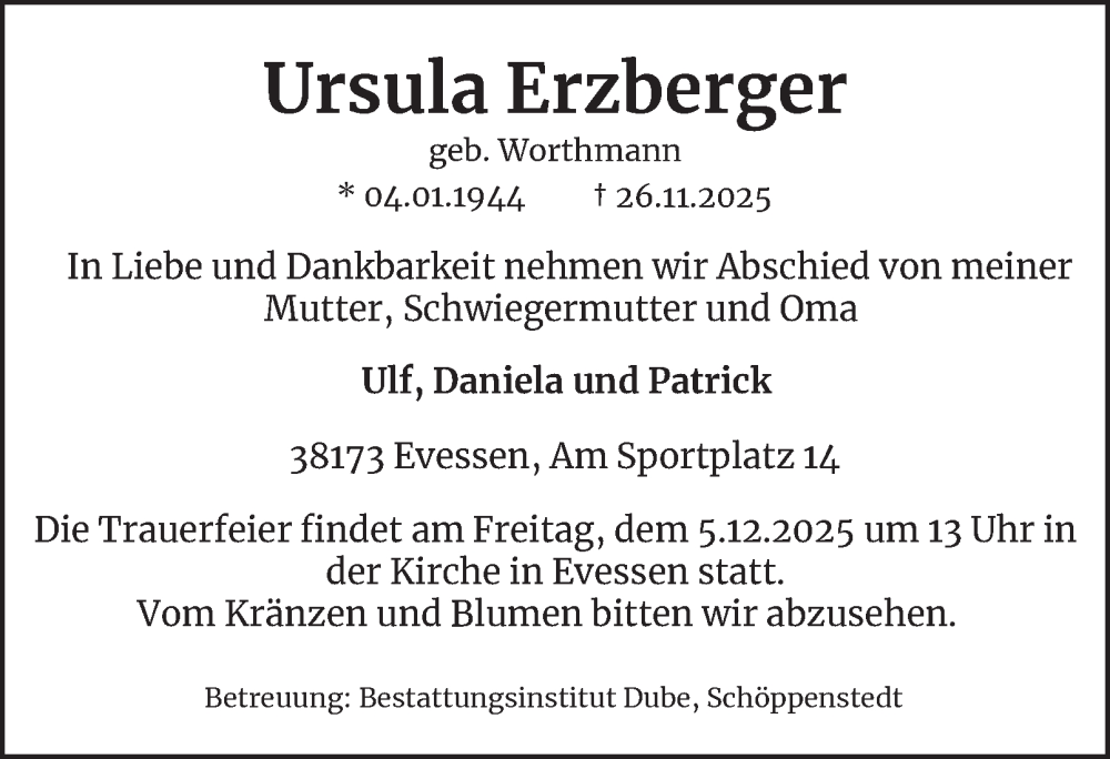  Traueranzeige für Ursula Erzberger vom 02.12.2025 aus Braunschweiger Zeitung