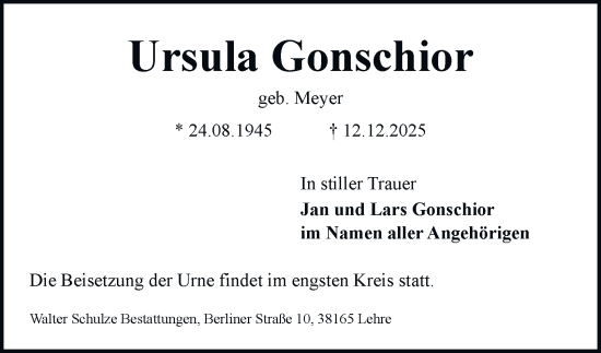 Traueranzeige von Ursula Gonschior von Helmstedter Nachrichten