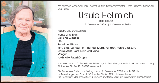 Traueranzeige von Ursula Hellmich von Helmstedter Nachrichten