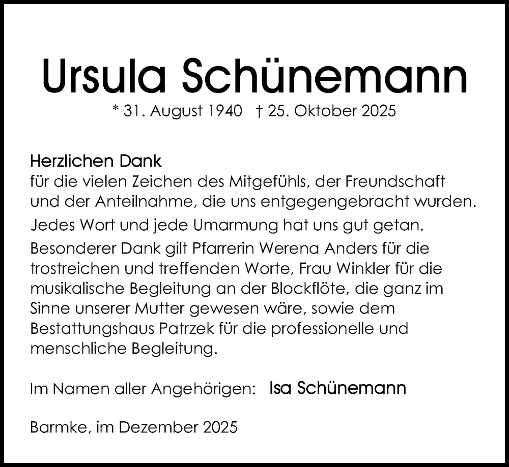  Traueranzeige für Ursula Schünemann vom 20.12.2025 aus Helmstedter Nachrichten