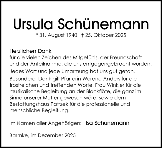 Traueranzeige von Ursula Schünemann von Helmstedter Nachrichten