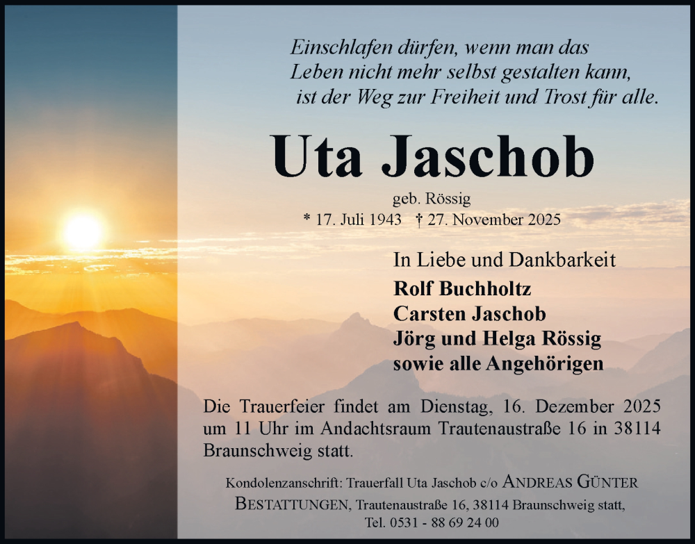  Traueranzeige für Uta Jaschob vom 06.12.2025 aus Braunschweiger Zeitung