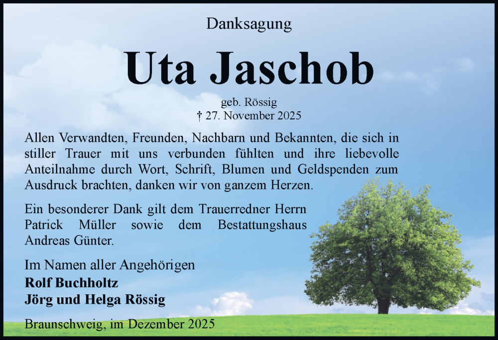  Traueranzeige für Uta Jaschob vom 27.12.2025 aus Braunschweiger Zeitung