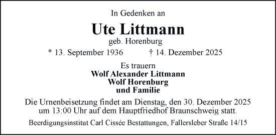 Traueranzeige von Ute Littmann von Braunschweiger Zeitung