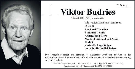 Traueranzeige von Viktor Budries von Salzgitter-Zeitung