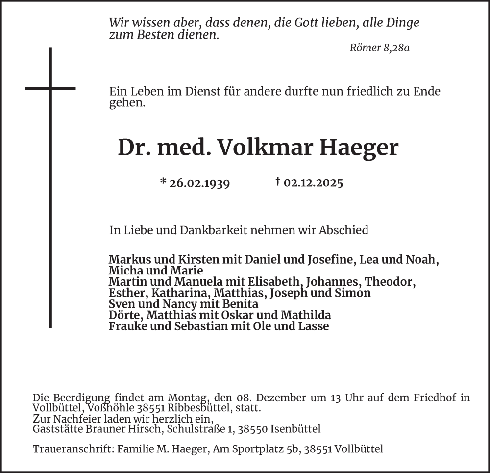  Traueranzeige für Volkmar Haeger vom 06.12.2025 aus Wolfenbütteler Zeitung