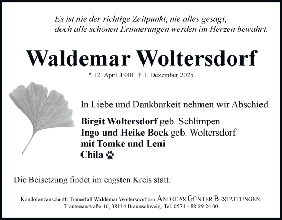 Traueranzeige von Waldemar Woltersdorf von Braunschweiger Zeitung