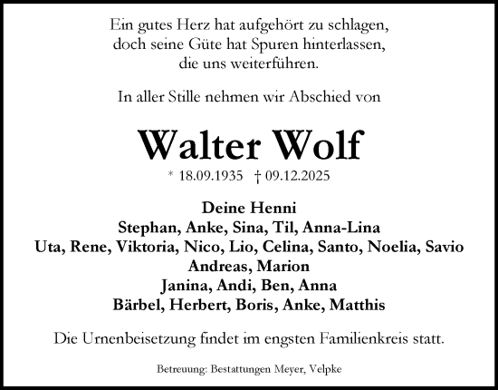 Traueranzeige von Walter Wolf von Helmstedter Nachrichten