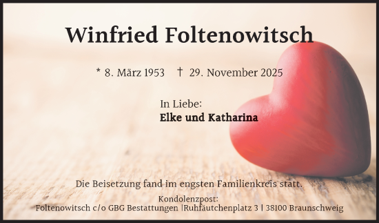 Traueranzeige von Winfried Foltenowitsch von Braunschweiger Zeitung