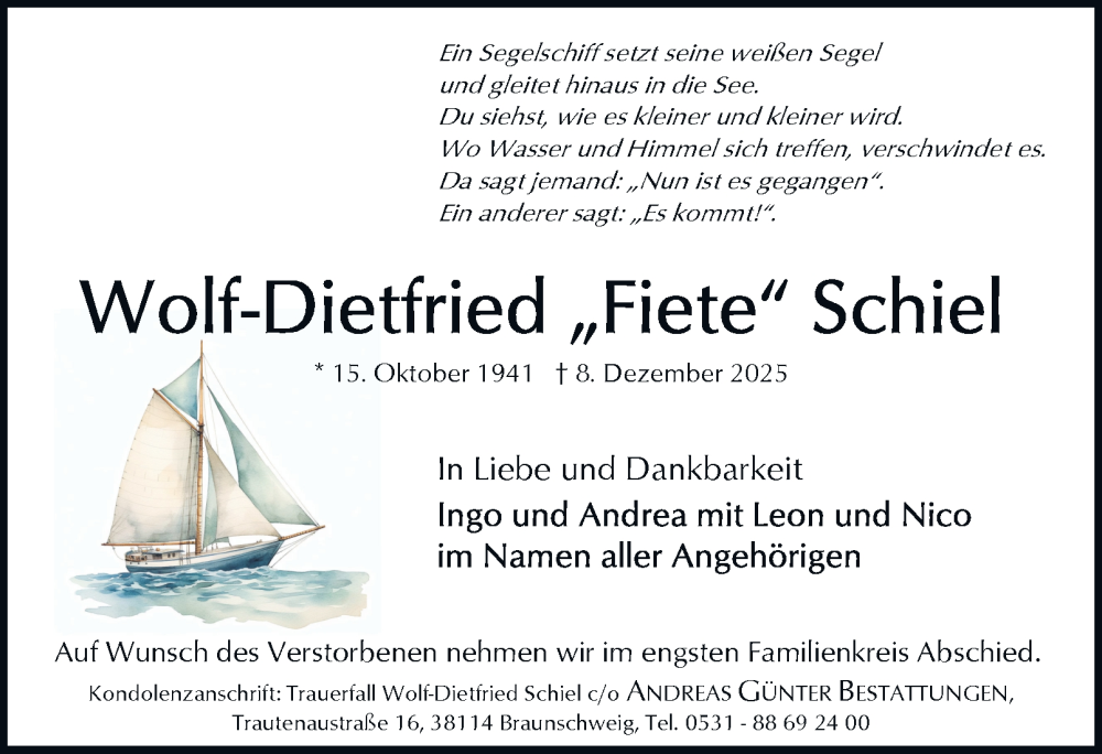  Traueranzeige für Wolf-Dietfried Schiel vom 13.12.2025 aus Braunschweiger Zeitung