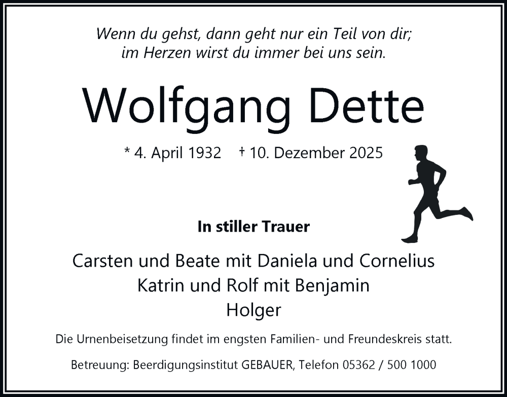  Traueranzeige für Wolfgang Dette vom 27.12.2025 aus Braunschweiger Zeitung, Wolfsburger Nachrichten