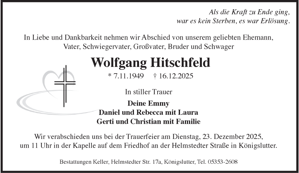  Traueranzeige für Wolfgang Hitschfeld vom 20.12.2025 aus Helmstedter Nachrichten