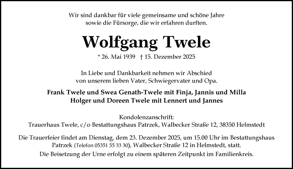  Traueranzeige für Wolfgang Twele vom 20.12.2025 aus Helmstedter Nachrichten
