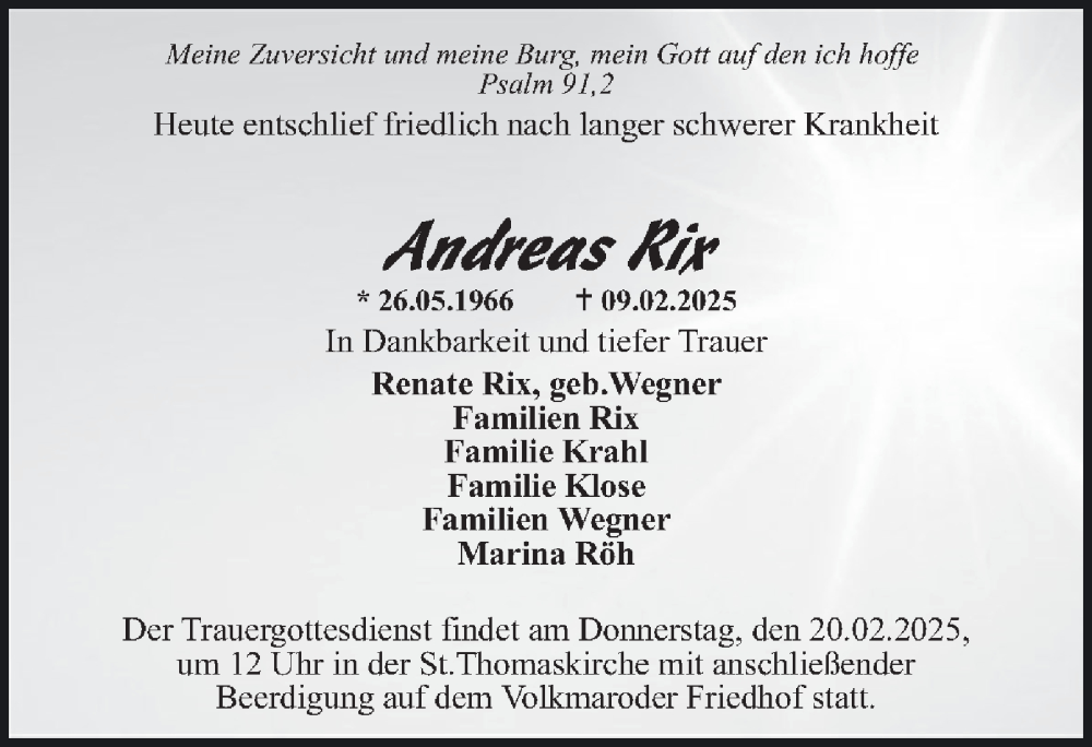  Traueranzeige für Andreas Rix vom 15.02.2025 aus 