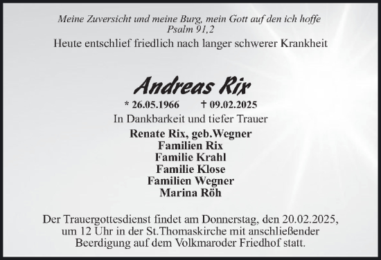 Traueranzeige von Andreas Rix 