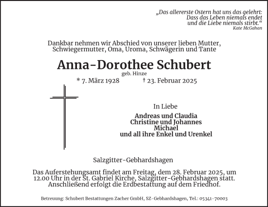 Traueranzeige von Anna-Dorothee Schubert von Salzgitter-Zeitung