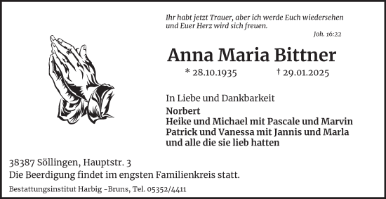 Traueranzeige von Anna Maria Bittner von Helmstedter Nachrichten
