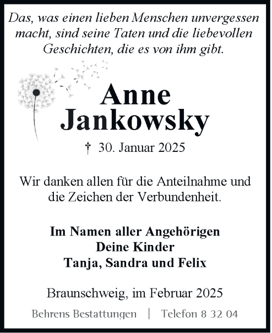 Traueranzeige von Anne Jankowsky von Braunschweiger Zeitung