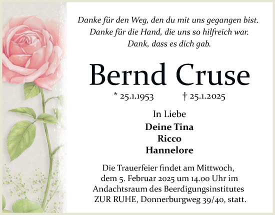 Traueranzeige von Bernd Cruse 