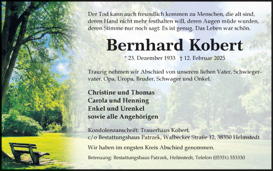 Traueranzeige von Bernhard Kobert von Helmstedter Nachrichten
