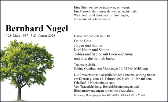 Traueranzeige von Bernhard Nagel 
