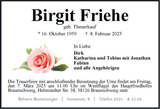Traueranzeige von Birgit Friehe von Braunschweiger Zeitung