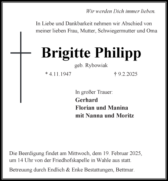 Traueranzeige von Brigitte Philipp 