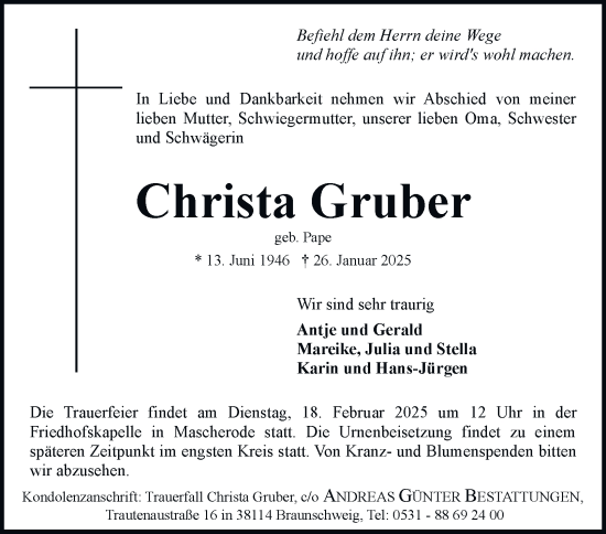 Traueranzeige von Christa Gruber 