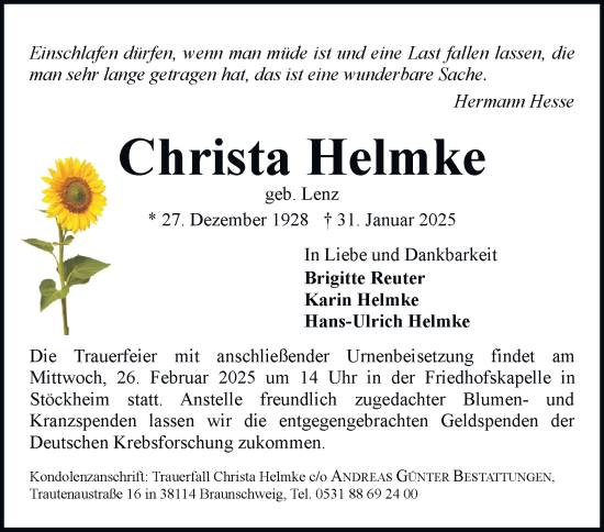 Traueranzeige von Christa Helmke von Braunschweiger Zeitung