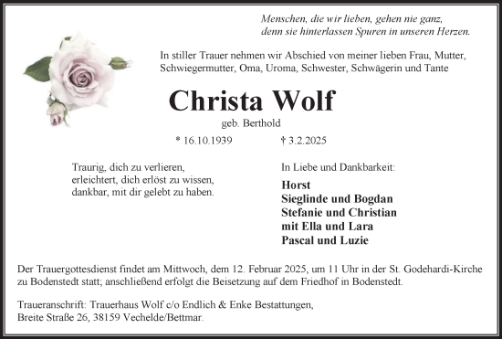 Traueranzeige von Christa Wolf von Peiner Nachrichten