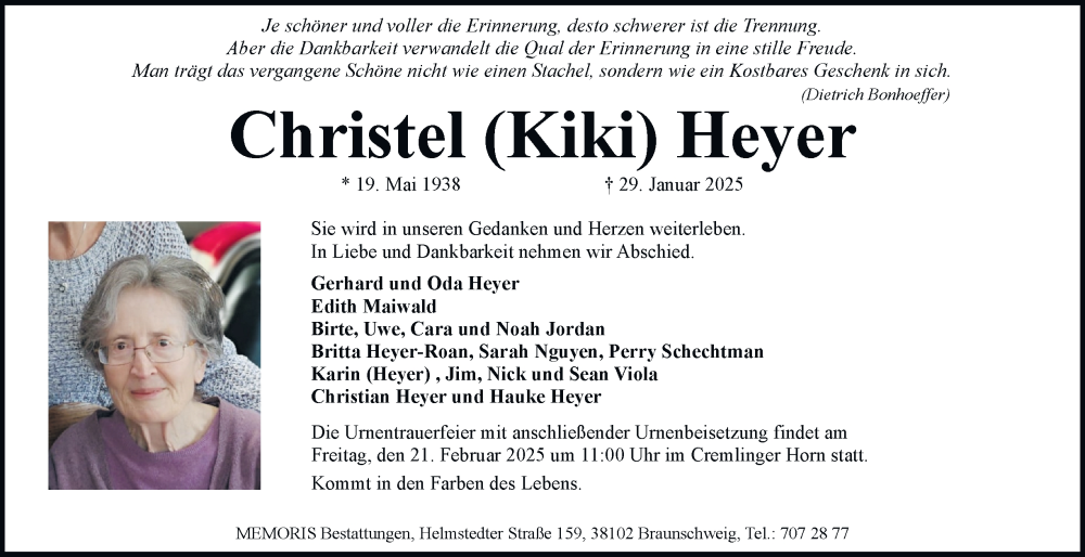  Traueranzeige für Christel Heyer vom 15.02.2025 aus Braunschweiger Zeitung