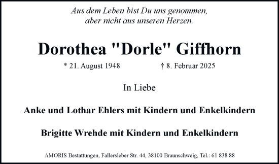 Traueranzeige von Dorothea Giffhorn von Braunschweiger Zeitung