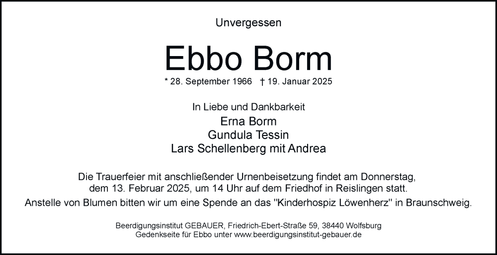  Traueranzeige für Ebbo Borm vom 01.02.2025 aus 