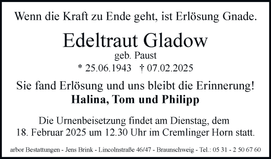 Traueranzeige von Edeltraut Gladow von Braunschweiger Zeitung