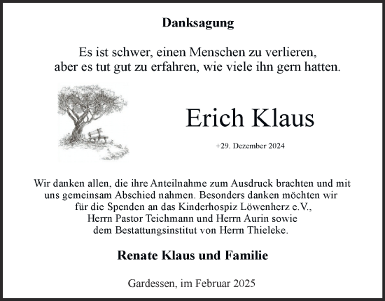 Traueranzeige von Erich Klaus von Wolfenbütteler Zeitung