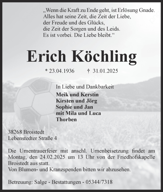 Traueranzeige von Erich Köchling von Peiner Nachrichten