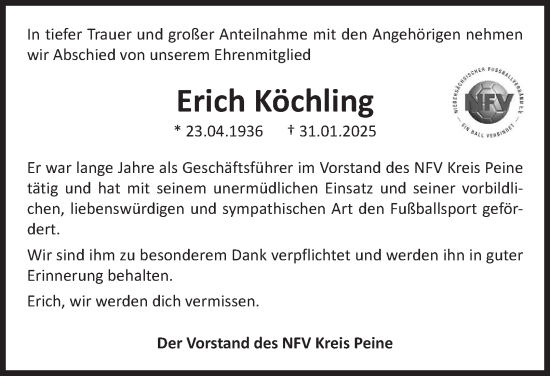 Traueranzeige von Erich Köchling von Peiner Nachrichten
