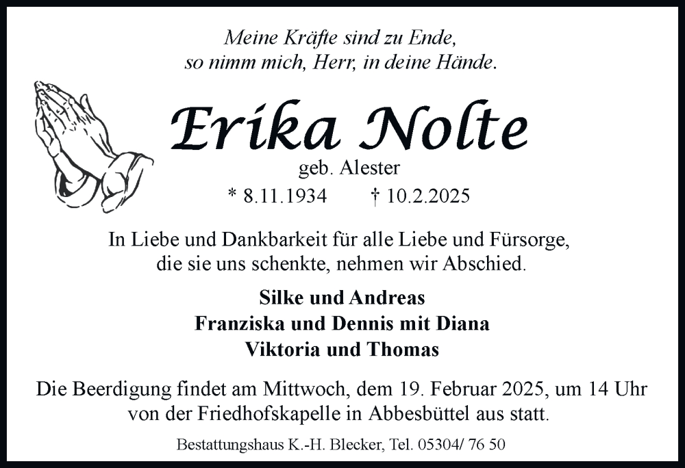  Traueranzeige für Erika Nolte vom 15.02.2025 aus Braunschweiger Zeitung